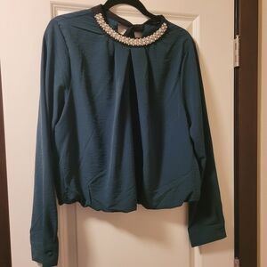 Lulumari Emerald Embellished Bib Collar Long Sleeve Blouse